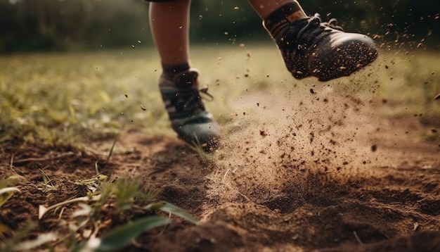 Adulto sano che corre in una foresta fangosa bagnata generata dall'IA