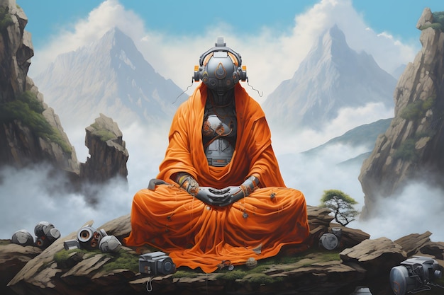 Advanced Monk Robot Cyborg che trova lo Zen attraverso lo yoga