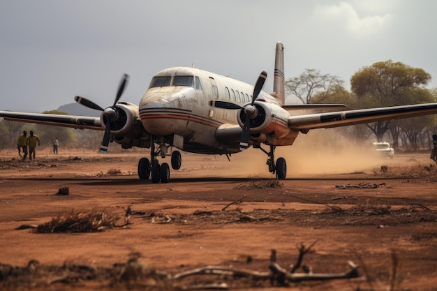 Aereo abbandonato a terra in Africa Kenya Africa piccolo aereo a elica che atterra su una pista di atterraggio in terra in Africa AI Generato