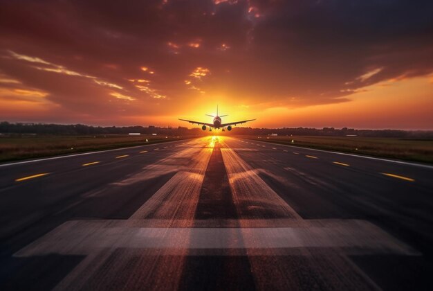 aereo all'aeroporto al tramonto Generative AI