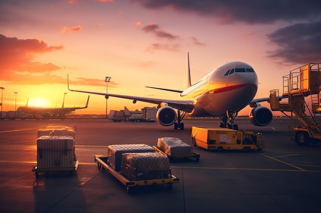 Aereo che carica bagagli e carico in aeroporto al tramonto In operazioni di viaggio e trasporto in aeroporto idea Immagine di alta qualità spazio di copia per testo