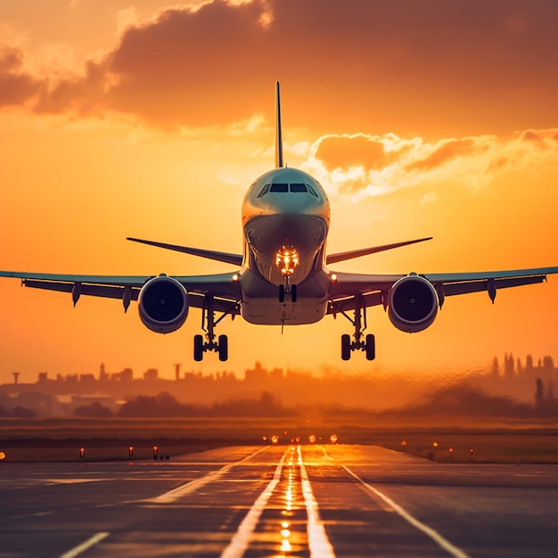 Aereo che decolla dalla pista dell'aeroporto al tramonto Concetto di viaggio