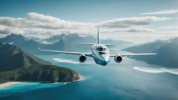 Aereo che sorvola l'oceano sullo sfondo di una montagna