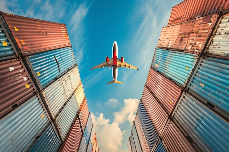 Foto aereo che vola sopra container marittimi
