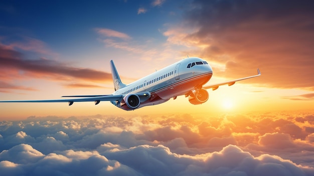 Aereo commerciale aereo di linea che vola sopra le nuvole in bella luce solare Concetto di viaggio aviazione