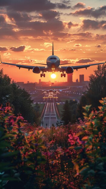 Aereo commerciale che decolla dalla pista dell'aeroporto al tramonto con una bella vista delle strade vuote della città