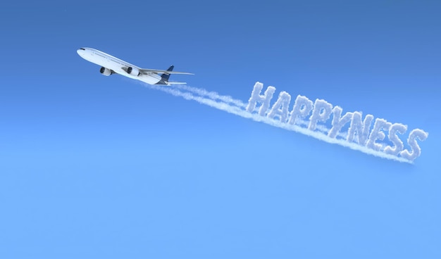 Aereo commerciale che vola con la scrittura di fumo di felicità - Illustrazione 3D.