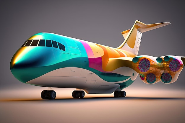 Aereo da carico futuristico del futuro sotto forma di jet multicolore con grande naso creato con generativo