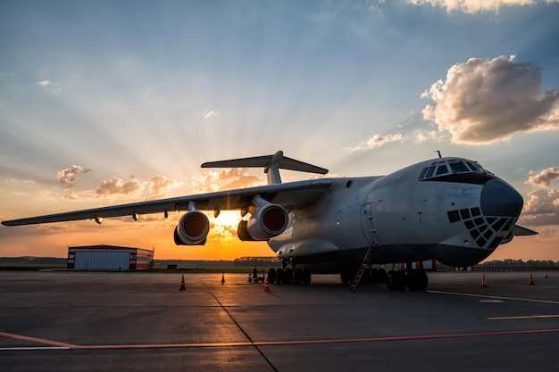 Aereo da carico per il trasporto di corpi larghi al grembiule dell'aeroporto al sole del mattino