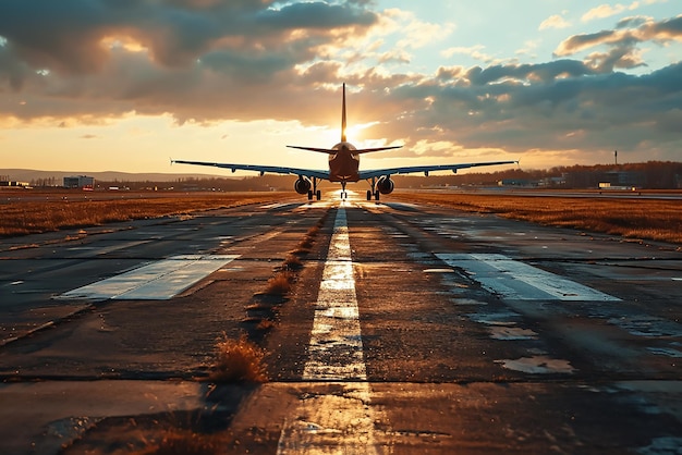 Aereo decolla dalla pista al tramonto