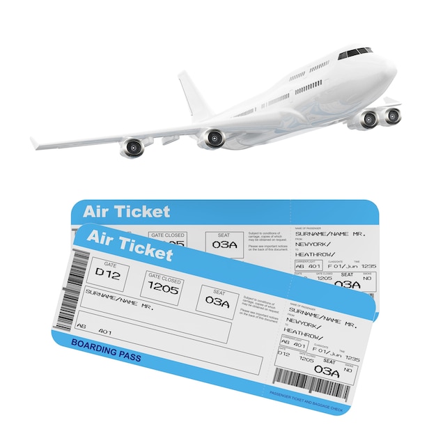 Aereo del passeggero del getto bianco con i biglietti della carta d'imbarco di linea aerea su un fondo bianco. Rendering 3D