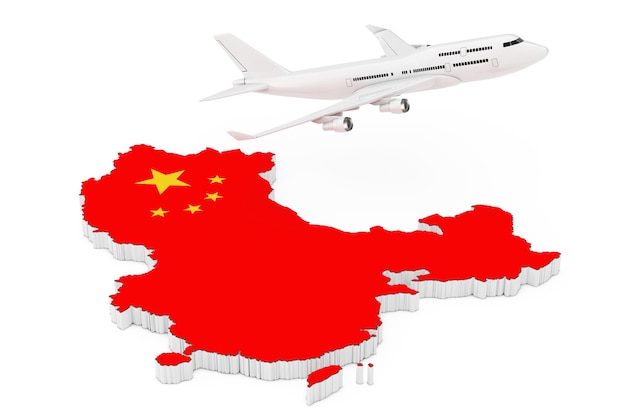 Aereo del passeggero del jet bianco che sorvola la mappa della Cina con la bandiera su una priorità bassa bianca. Rendering 3D