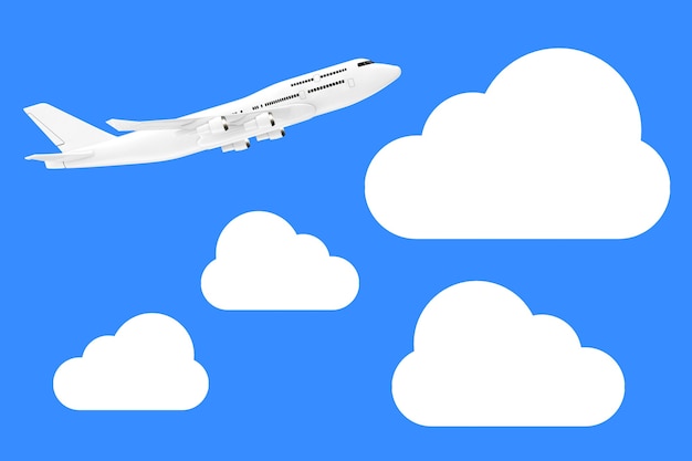 Aereo del passeggero White Jet nel cielo con nuvole su sfondo blu. Rendering 3D