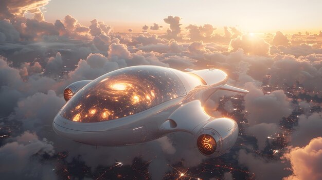 Aereo futuristico che vola tra le nuvole in stile Vray