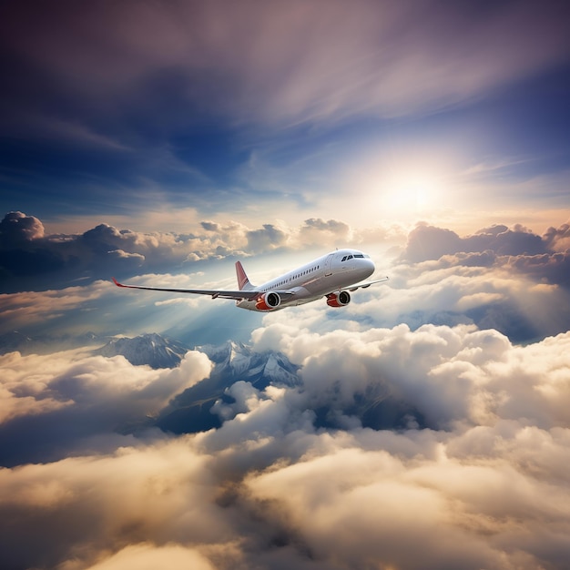 Aereo in cielo sopra montagne e nuvole