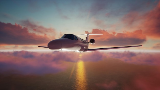 Aereo jet privato che vola sopra nuvole drammatiche rendering 3d