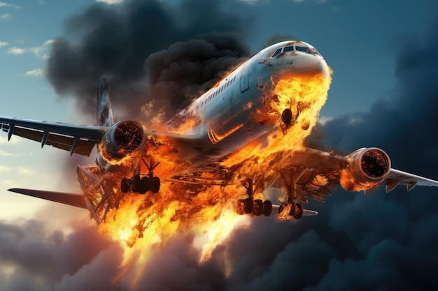 Aereo nel cielo con fumo e fuoco illustrazione 3d Aereo con motore in fiamme concetto di disastro aereo generato dall'intelligenza artificiale