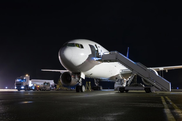 Aereo passeggeri a corpo largo con scale di imbarco al piazzale dell'aeroporto notturno. Assistenza a terra dell'aeromobile