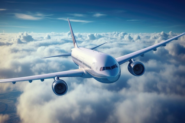Aereo passeggeri che vola sopra le nuvole nel cielo blu Concetto di viaggio veloce Illustrazione generata dall'intelligenza artificiale