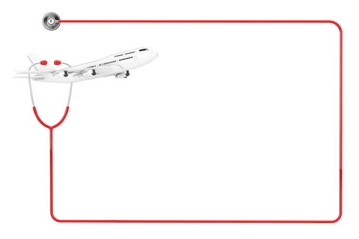 Foto aereo passeggeri jet bianco con stetoscopio medico in rosso come cornice con spazio vuoto per il tuo design su sfondo bianco. rendering 3d