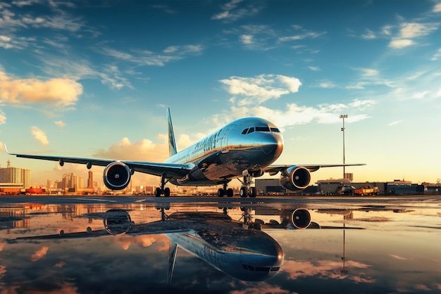 Aereo passeggeri sulla pista Aereo che atterra sullo sfondo del tramonto Trasporto aereo di passeggeri