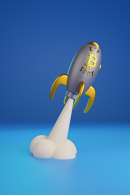 Aereo spaziale a cartoni animati con segno Spot Bitcoin ETF che decolla illustrazione 3D