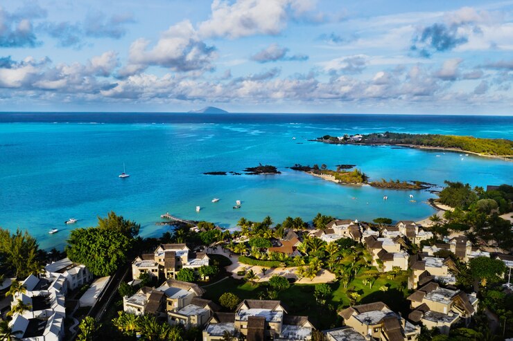Aerial photography of a coral reef and a hotel complex with beaches in Mauritius, the North-East coast of the island of Mauritius. Beautiful lagoon of the island of Mauritius, taken from above.