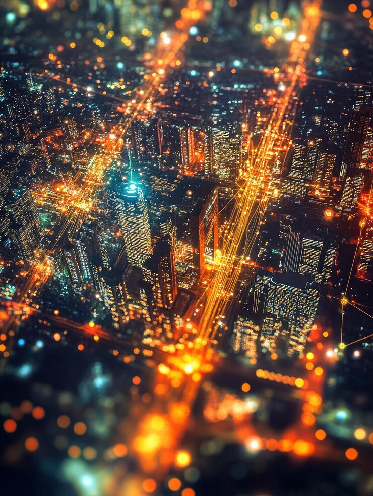 Aerial view of a city at night with bright lights and digital connections