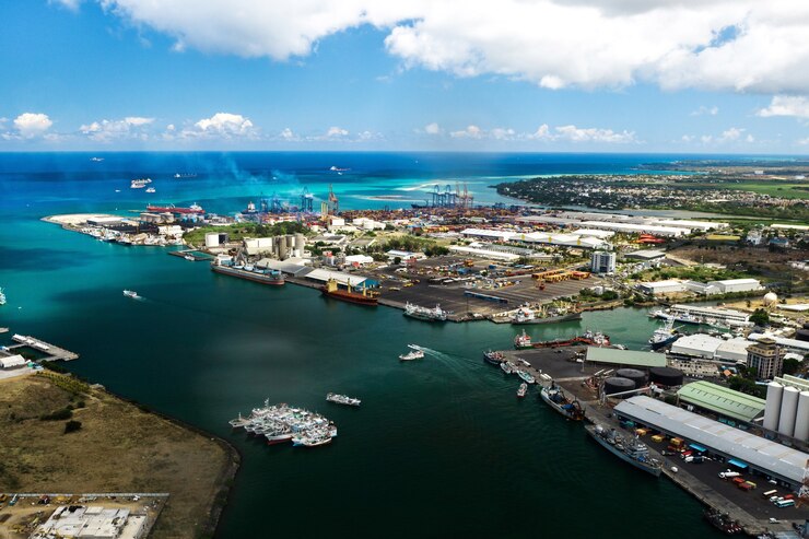 Aerial view of the port on the waterfront of PORT LOUIS, Mauritius, Africa.