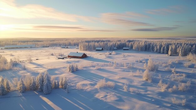 Aerial Winter Sunset Nostalgic Rural Life Depiction In Northern White Sverige (Ritratto aereo del tramonto invernale nostalgico della vita rurale nella Svezia bianca settentrionale)