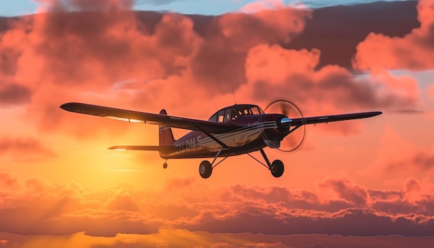 Aeromobile a elica volante nel cielo al tramonto velocità naturale e tecnologia generata dall'intelligenza artificiale