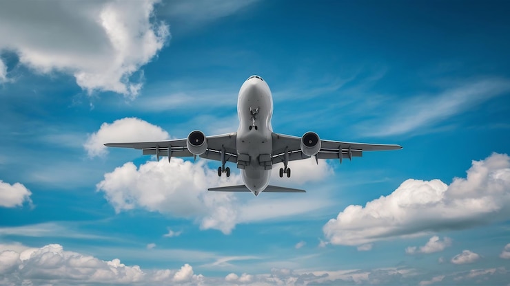 Foto aeromobile che vola in cielo blu con nuvole concetto di viaggio e trasporto