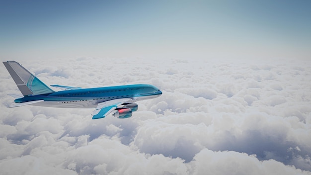 Aeroplano 3D con le nuvole su sfondo blu vista dall'alto 3D Render