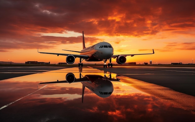 Aeroplano che scivola sulla pista al tramonto Ai generativo