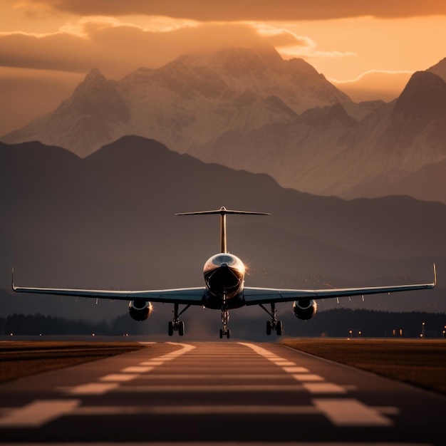 Aeroplano che sorvola la pista dell'aeroporto al tramonto