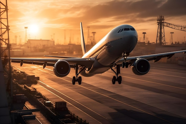 Aeroplano commerciale che vola sopra le nuvole al tramonto