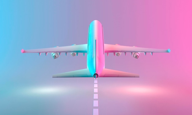 Aeroplano con luce neon rosablu Rendering 3d in stile minimalista