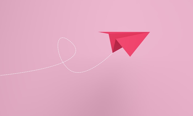 Aeroplano di carta rosa isometrico che vola con una linea di rotta su sfondo rosa Concetti di leadership femminile