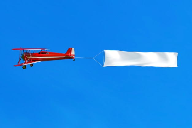 Aeroplano e bandiera di volo su cielo blu