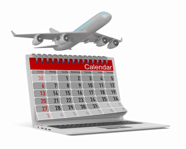 Aeroplano e calendario isolato su bianco. 3D'illustrazione