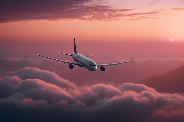 aeroplano nella vista panoramica del cielo rosa