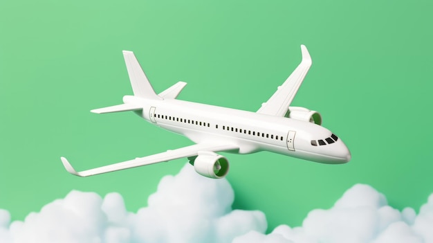 Aeroplano su sfondo verde copyspace con nuvole viaggio sostenibile concetto di viaggio a emissioni zero