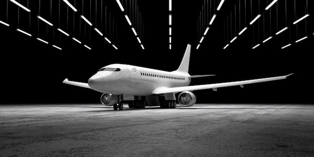 Aeroplano sul pavimento di cemento all'hangar con illuminazione di lampade