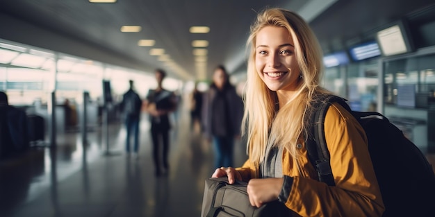 Aeroporto di viaggio e donna eccitata con passaporto