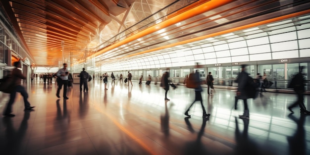 Aeroporto internazionale con persone che camminano su sfondo in movimento sfocato