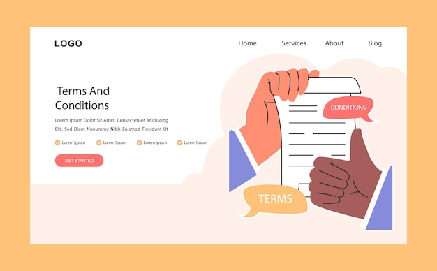 Affare commerciale o accordo banner web o pagina di destinazione Firmare un contratto o una negoziazione di successo Interessi e obblighi dei partner commerciali Termini e condizioni cartacei Illustrazione a vettore piatto