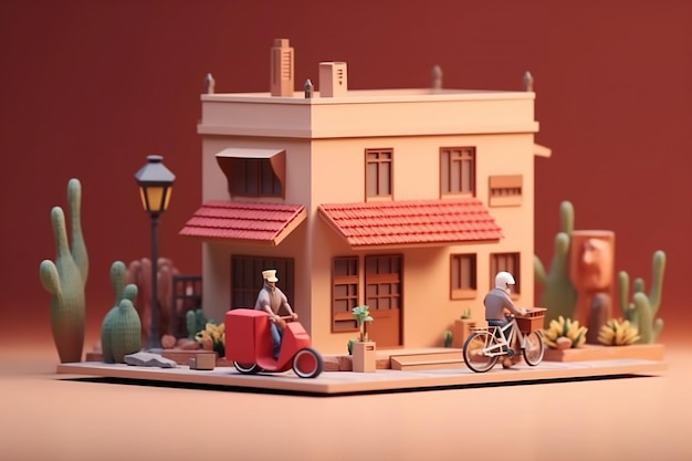 Affari di consegna sulla facciata della casa usare la bicicletta per la spedizione con AI generativa in stile 3D low poly