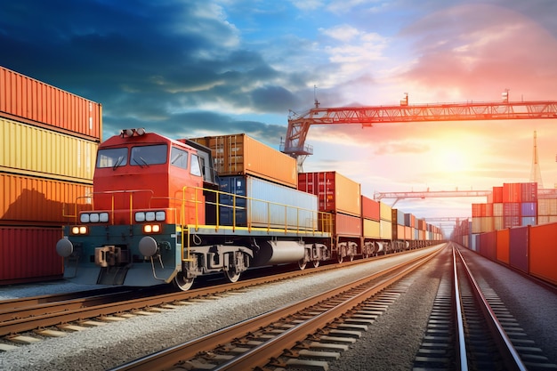 Affari globali di container Cargo treno merci per il concetto di logistica aziendale Trasporto aereo di merci Trasporto ferroviario e marittimo Ordini di merci online in tutto il mondo