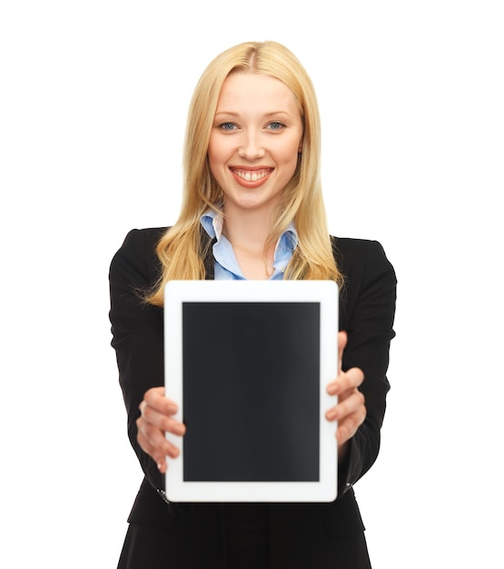 affari, istruzione e internet - donna sorridente con tablet pc in ufficio