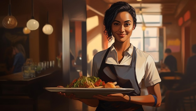 Affarica americana donna d'affari cameriera barista server che lavora in un ristorante illustrazione